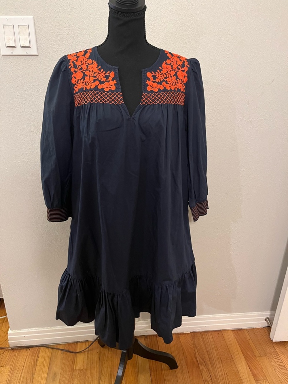 J. Crew Leda Navy and Orange Mexican Style V-Neck 3/4 Sleeve Dress EUC Size XS